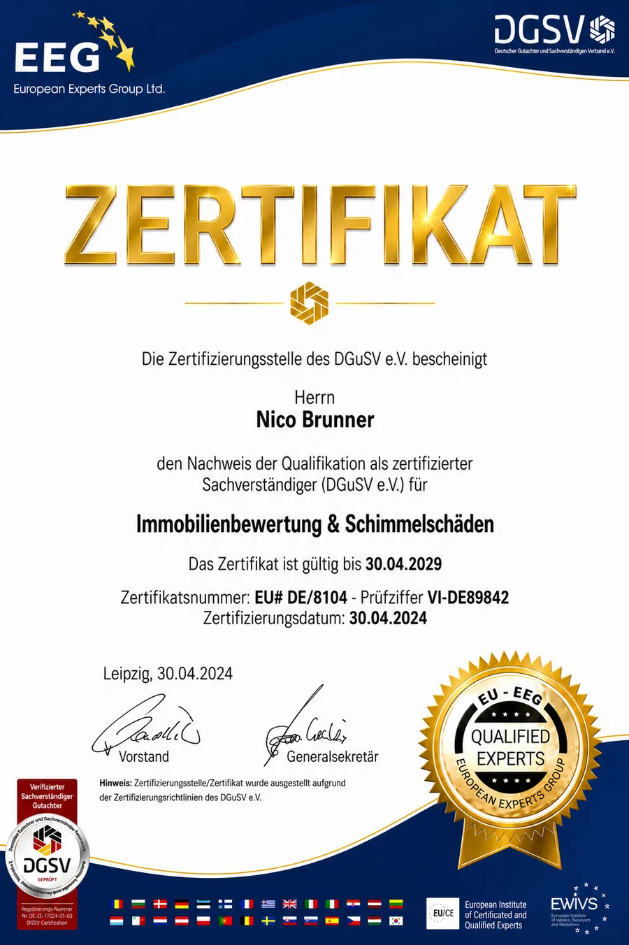 DGSV certificate: Nico Brunner, certified expert in real-estate valuation and mould damage DGSV certificate: Nico Brunner, certified expert in real-estate valuation and mould damage