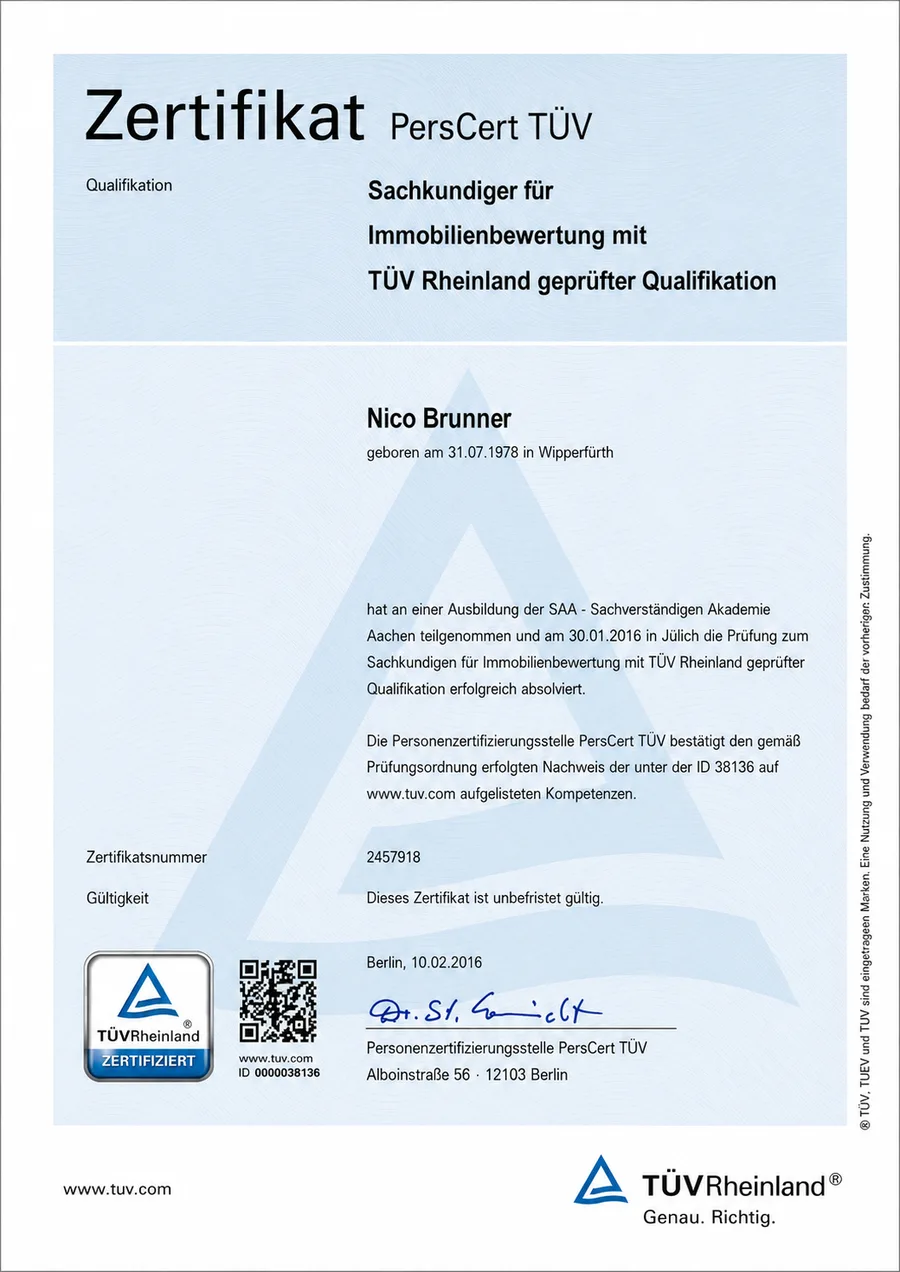 PersCert TÜV certificate: Nico Brunner, qualified real-estate valuation specialist with TÜV Rheinland verified qualification PersCert TÜV certificate: Nico Brunner, qualified real-estate valuation specialist with TÜV Rheinland verified qualification