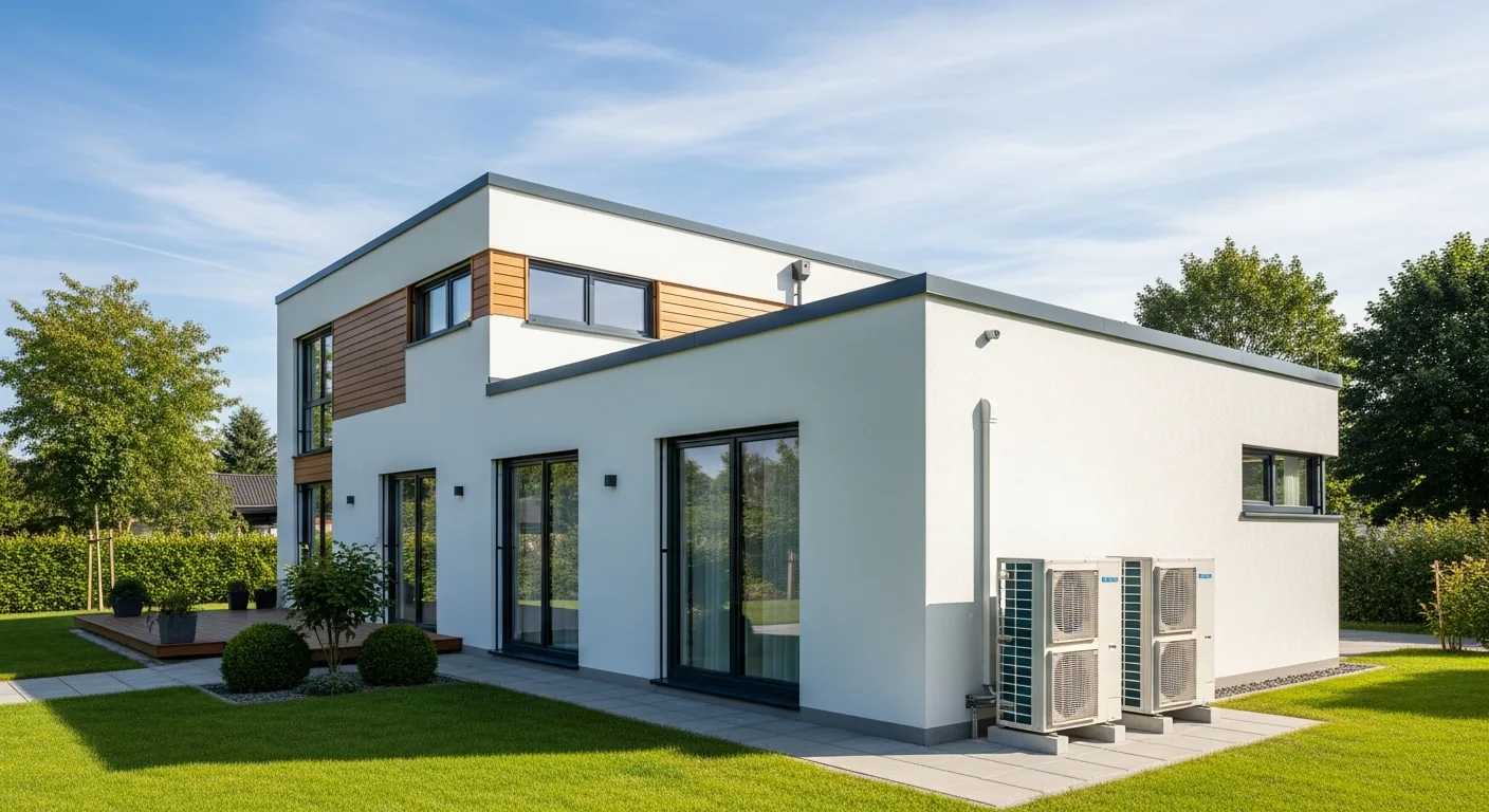 Außengeräte einer Klimaanlage und Wärmepumpe an der Fassade eines modernen Fertighauses mit Garten