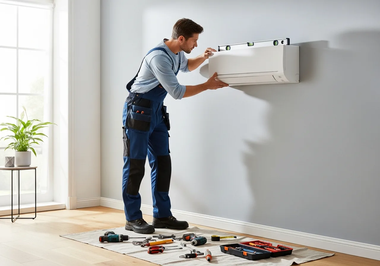 Monteur eines Fachbetriebs installiert das Innengerät einer Split-Klimaanlage an der Wand