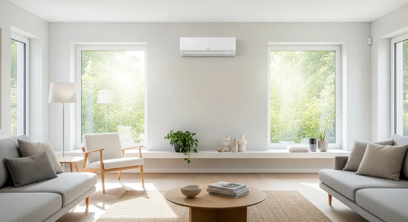 Split-Klimaanlage als weißes Innengerät an der Wand eines modernen, hellen Wohnzimmers