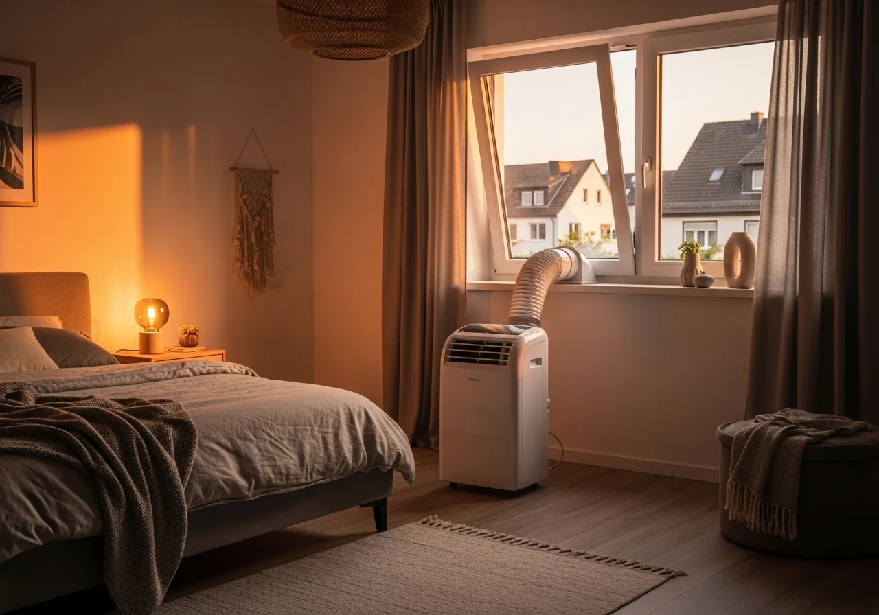 Mobiles Klimagerät mit Abluftschlauch zum Fenster in einem Schlafzimmer an einem heißen Sommerabend